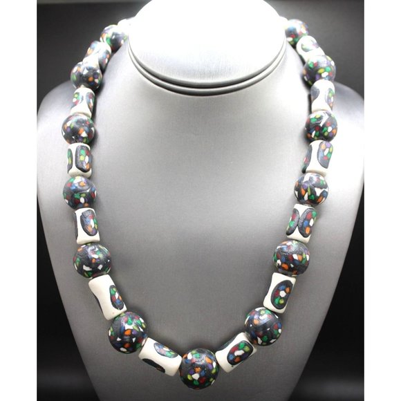 Vintage Hand Painted Folk Art Ethnic Chunky Clay Bead Silver Tone 20"‎ Necklace - Picture 1 of 4